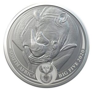 South African Mint, 2020 South Africa Big Five Rhino 1 oz .999 Silver Coin in Capsule