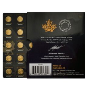 Royal Canadian Mint, 2021 25x1 gram Gold Maple Leafs Maplegram25™ In Assay Sleeve