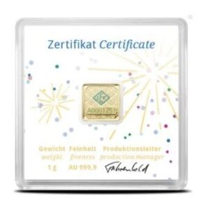 Geiger Edelmetalle, Original Square 1 Gram Gold Bar in Capsule (Fireworks Congrats)