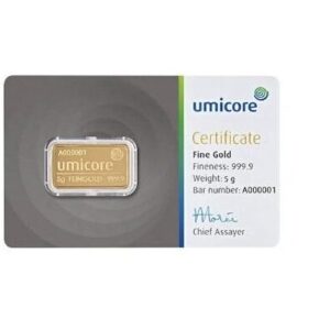 Umicore, 5 Gram Gold Minted Bar in Assay