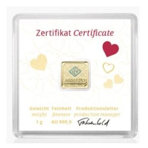 Geiger Edelmetalle, Original Square 1 Gram Gold Bar in Capsule - Heart (Restocking, coming soon)