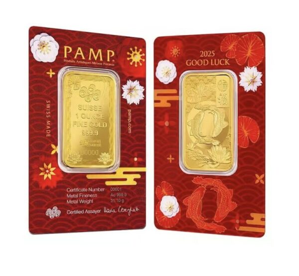 Pamp Suisse, Good Luck Koi Fish 1 oz Gold Bar in Assay