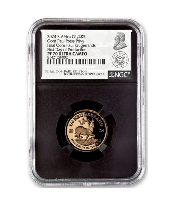 South Africa Mint, 2024 South Africa 1/4-oz Gold Oom Paul Press Krugerrand Proof NGC PF70UC First Day of Issue - Image 2