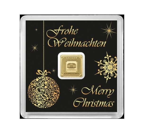 Geiger Edelmetalle, Original Square 1 Gram Gold Bar in Capsule – Christmas Black Label