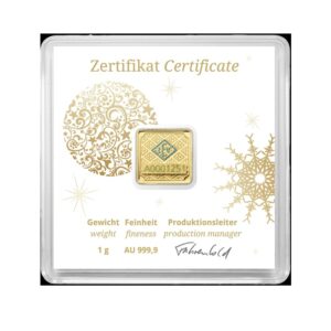 Geiger Edelmetalle, Original Square 1 Gram Gold Bar in Capsule – Christmas Black Label Heart