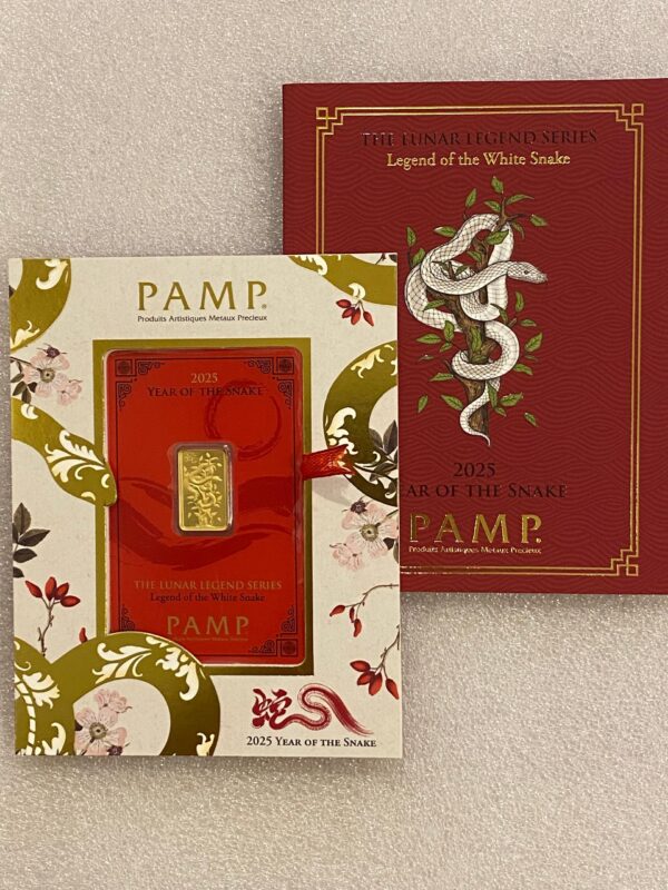 Pamp Suisse, 2025 Lunar White Snake 5 Gram Gold Bar in display box