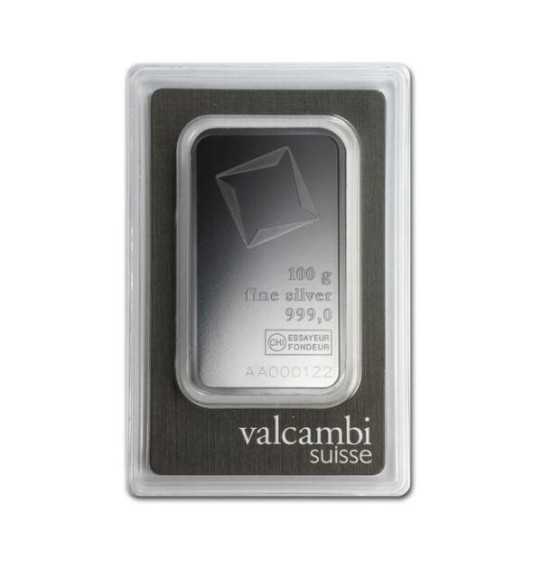 Valcambi Suisse, 100 Gram Silver Bar in Assay