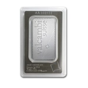 Valcambi Suisse, 100 Gram Silver Bar in Assay