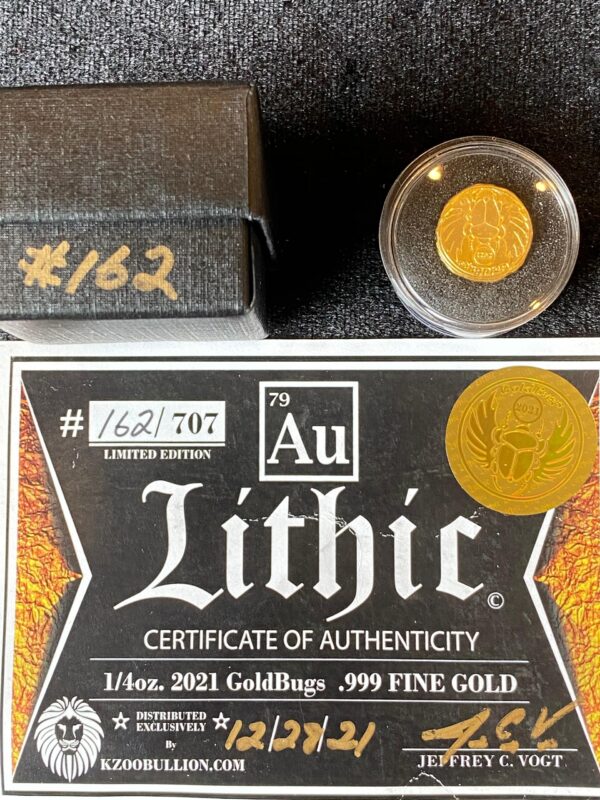 Lithic's 2021 Hand Pour 999 1/4 oz Goldbug Gold Round with Box and CoA - Image 4