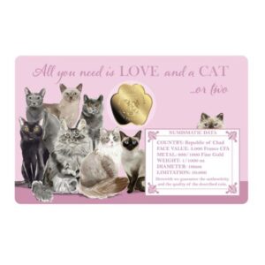 1/1000 oz 999 Fine Gold 3000 CFA Francs Chad Cats Coin In Assay