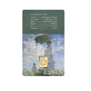 1/1000 oz 999 Fine Gold 3000 CFA Francs Chad Claude Monet Paintings: Woman with a Parasol – Madame Monet and Her Son Coin-Bar In Assay
