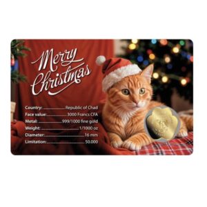 1/1000 oz 999 Fine Gold 3000 CFA Francs Chad Christmas Cat Coin In Assay