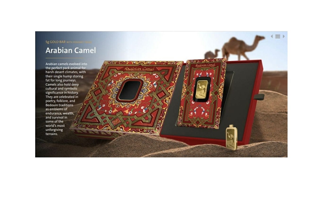 Pamp Suisse, Arabian Camel 5 Gram Gold Bar with Box and Pendant
