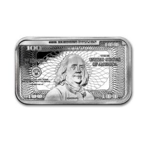 1 oz Silver Bar – Ben Franklin $100 Bill Design