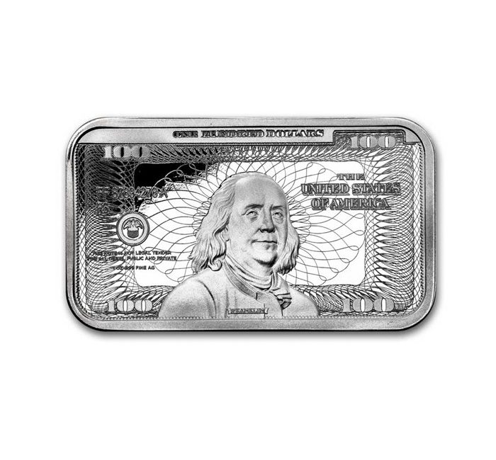 1 oz Silver Bar – Ben Franklin $100 Bill Design