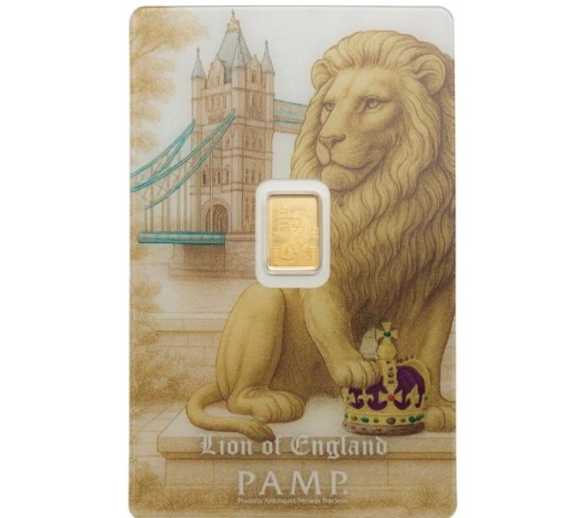 Pamp Suisse, Lion of Britain 1/2 Gram Gold Bar in Assay
