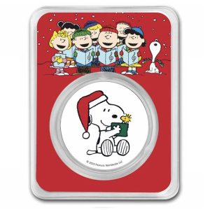 Peanuts® Snoopy Santa Holding Woodstock 1 oz .999 Colorized Silver