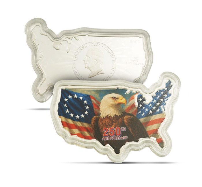 PAMP Suisse, 2026 USA 250th Anniversary Stars and Stripes (Colorized & Shaped) - 1 Troy Ounce Silver Coin (in Box) - Image 2