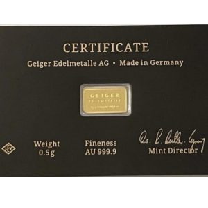 Geiger Edelmetalle, 1/2 Gram .9999 Gold Bar in Black Assay