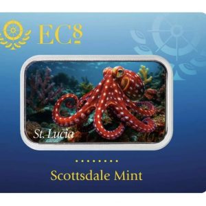 Scottsdale Mint, 2025 EC8 St. Lucia | Caribbean Reef Octopus 1 oz Silver Colorized Coin Bar