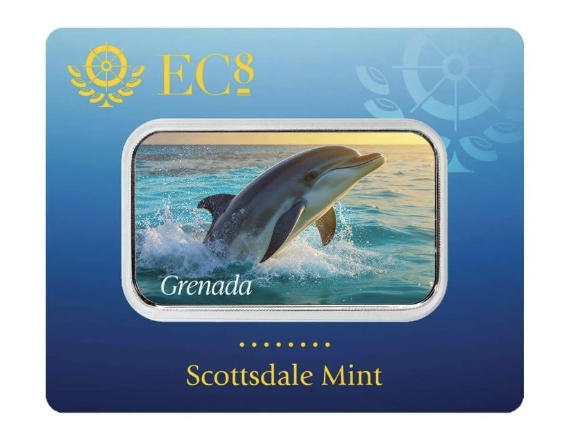Scottsdale Mint, 2025 EC8 Grenada Dolphin 1 oz Silver Colorized Coin Bar
