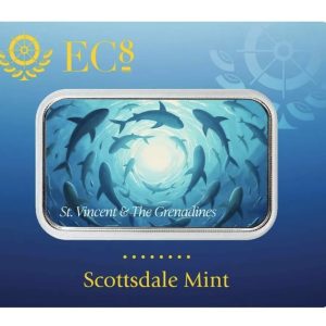 Scottsdale Mint, 2025 EC8 St. Vincent & the Grenadines | Swirling Sharks 1 oz Silver Colorized Coin Bar