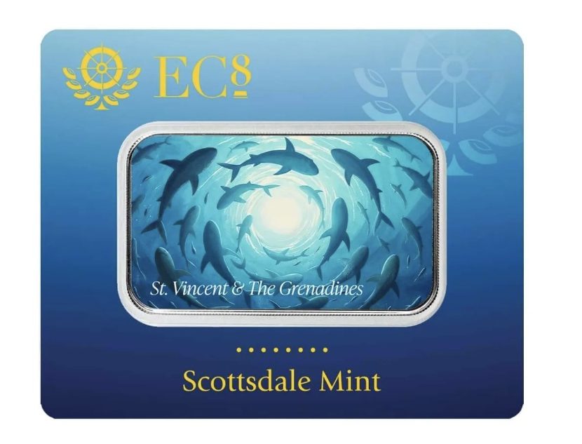 Scottsdale Mint, 2025 EC8 St. Vincent & the Grenadines | Swirling Sharks 1 oz Silver Colorized Coin Bar