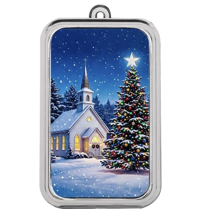Scottsdale Mint, Christmas Collection - Christmas Church 1 oz Silver Colorized Bar
