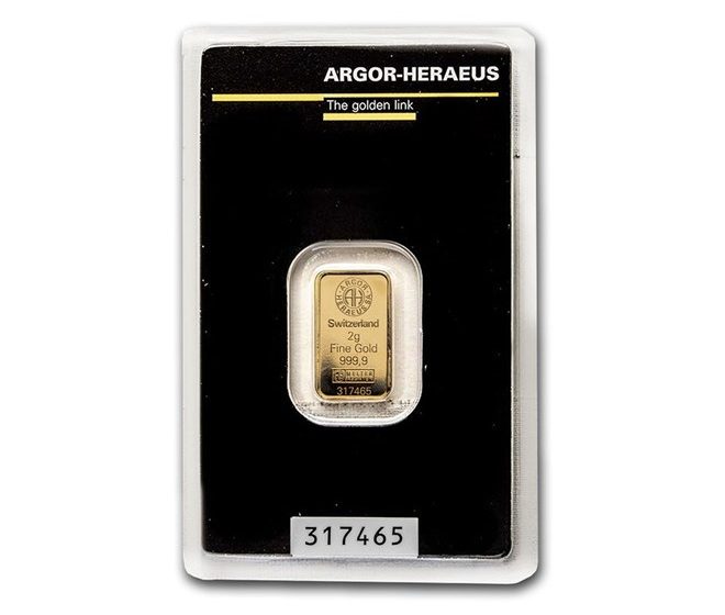 Argor-Heraeus, 2 Gram .9999 Gold Bar