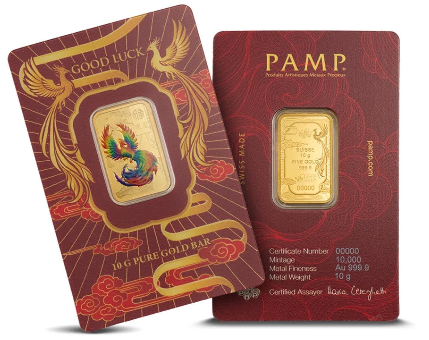 Pamp Suisse, 10 Gram .9999 Good Luck Phoenix Colorized Gold Bar (ETA end Nov/early Dec)